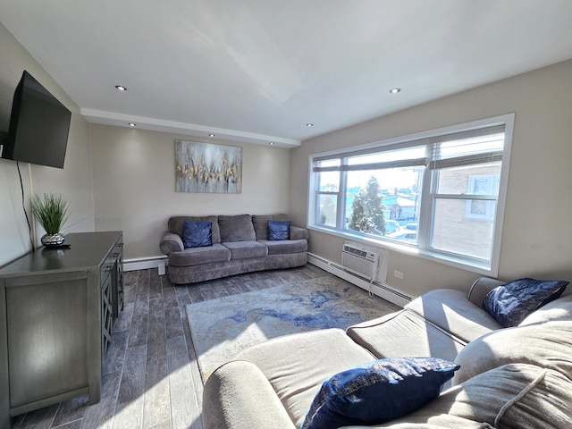 living room with a baseboard radiator and dark wood-type flooring