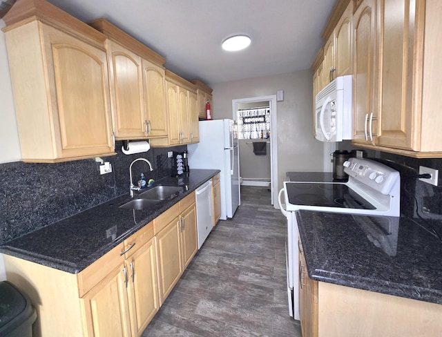 kitchen with light brown cabinetry, electric range oven, stainless steel dishwasher, tasteful backsplash, and sink