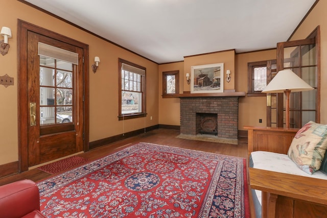 living room featuring crown molding, a fireplace, and dark hardwood / wood-style floors