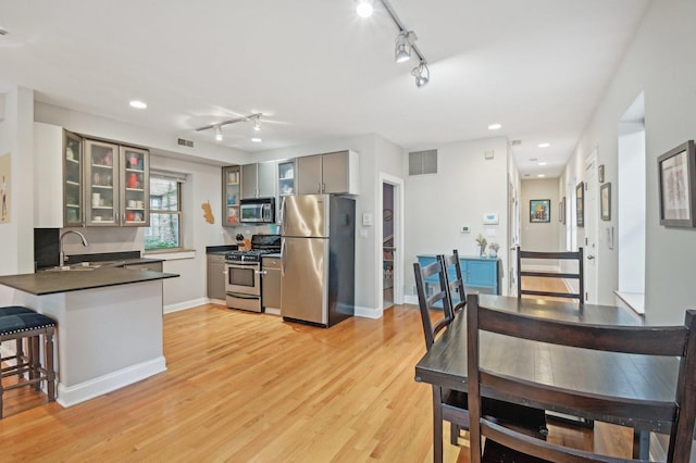 kitchen featuring kitchen peninsula, gray cabinetry, stainless steel appliances, sink, and light hardwood / wood-style flooring