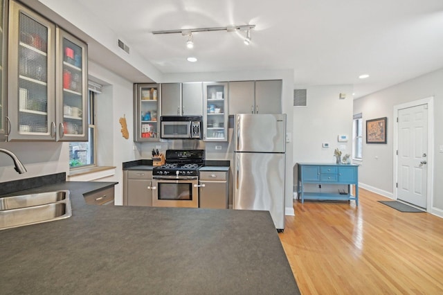 kitchen featuring gray cabinetry, track lighting, sink, light hardwood / wood-style flooring, and stainless steel appliances