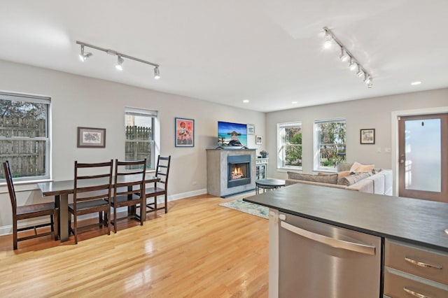 kitchen featuring light hardwood / wood-style flooring, stainless steel dishwasher, and plenty of natural light