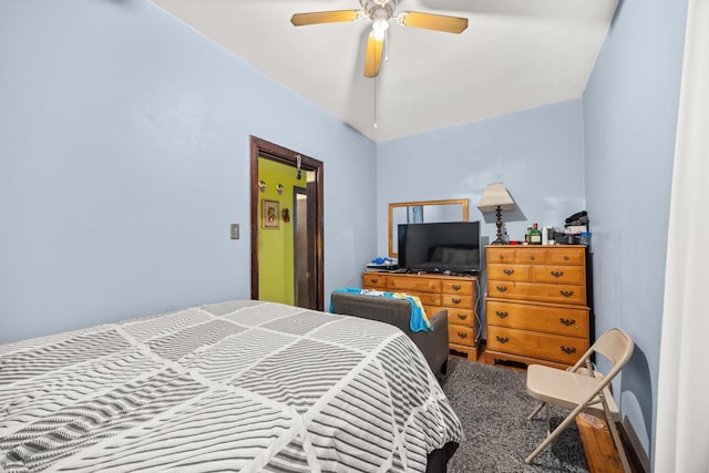 bedroom with ceiling fan and carpet