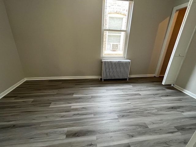 spare room featuring radiator heating unit and light hardwood / wood-style floors