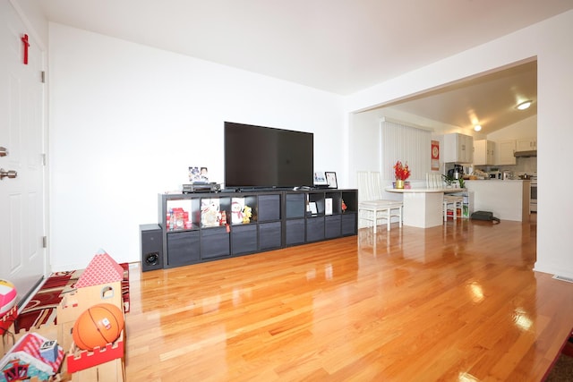 living room featuring lofted ceiling and hardwood / wood-style floors