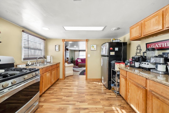 kitchen with plenty of natural light, stainless steel appliances, light hardwood / wood-style flooring, and sink