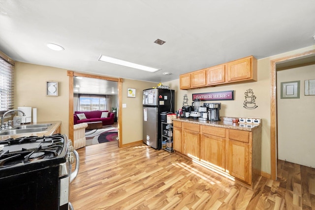 kitchen with appliances with stainless steel finishes, light hardwood / wood-style flooring, sink, and light brown cabinets