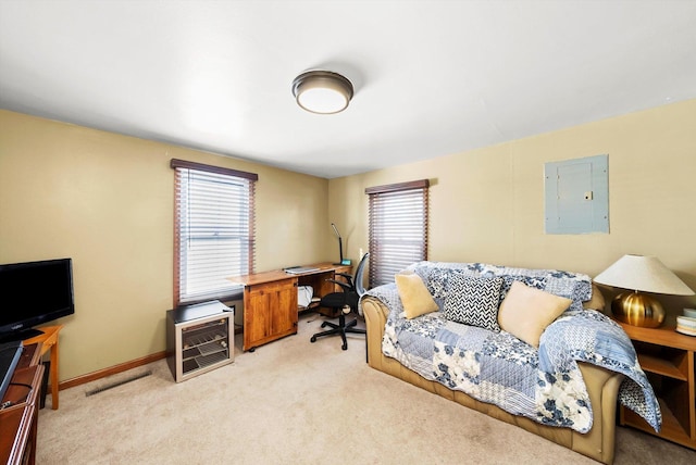 carpeted office space with plenty of natural light and electric panel