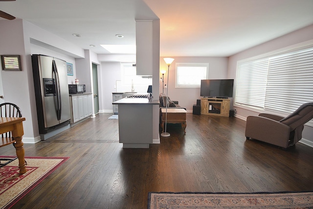 kitchen with dark hardwood / wood-style flooring and stainless steel fridge with ice dispenser