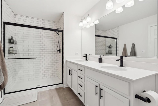 bathroom featuring tile patterned flooring, vanity, and walk in shower