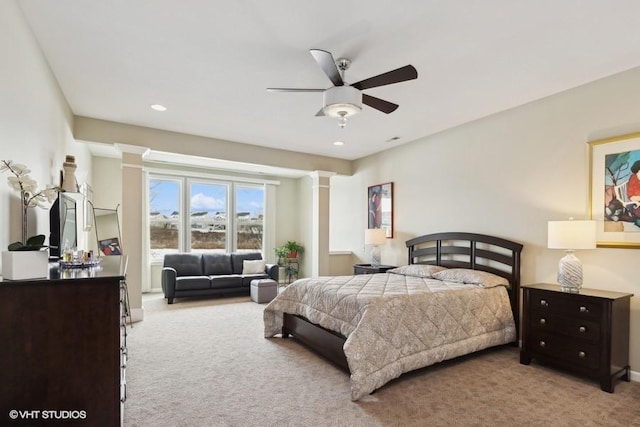 bedroom with ornate columns, recessed lighting, a ceiling fan, and carpet floors