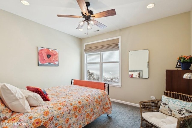 carpeted bedroom with recessed lighting, baseboards, and ceiling fan