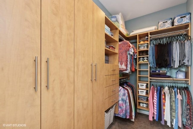 walk in closet with dark colored carpet