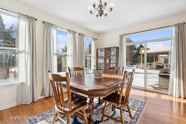 dining space featuring light hardwood / wood-style floors and a chandelier