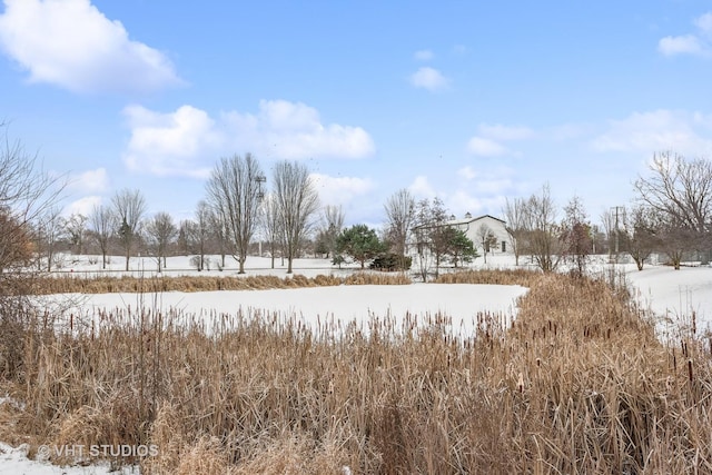 yard covered in snow with a rural view