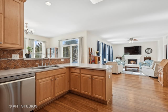 kitchen with tasteful backsplash, light hardwood / wood-style floors, stainless steel dishwasher, kitchen peninsula, and sink