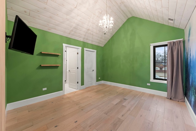 unfurnished bedroom with lofted ceiling, wood ceiling, light hardwood / wood-style floors, and a chandelier