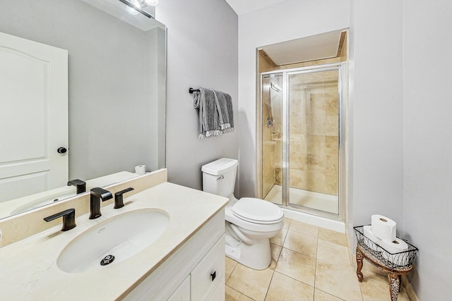 bathroom with toilet, tile patterned floors, walk in shower, and vanity