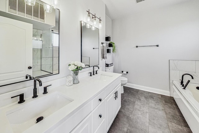 full bathroom with toilet, tile patterned flooring, shower with separate bathtub, and vanity