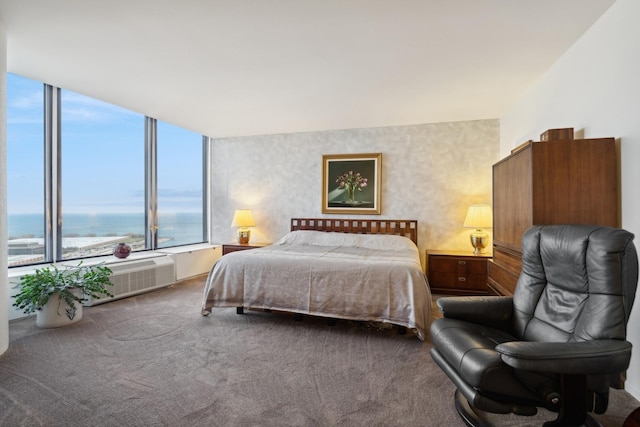 bedroom with carpet, a water view, and a wall unit AC