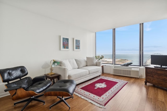 living room featuring a wall mounted AC and hardwood / wood-style flooring