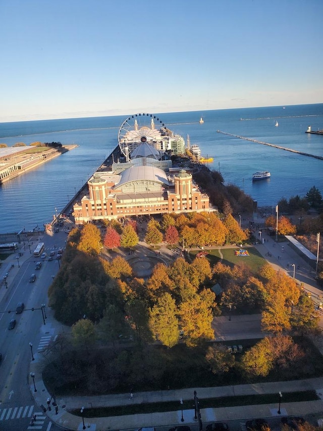 aerial view featuring a water view