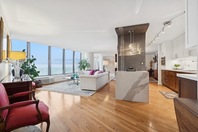 living room featuring light hardwood / wood-style floors, a water view, and a wall unit AC