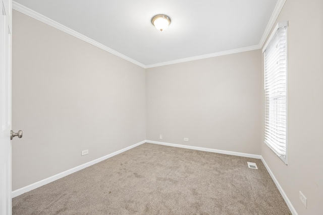 empty room with light carpet, crown molding, and a healthy amount of sunlight