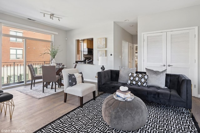 living room featuring hardwood / wood-style floors and track lighting