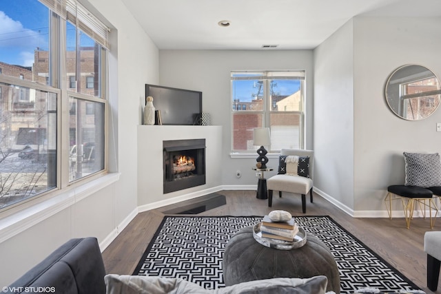 living room featuring dark wood-type flooring and a wealth of natural light