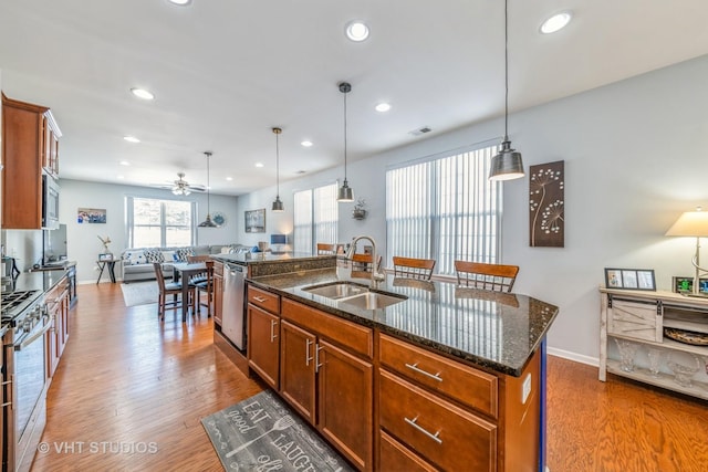 kitchen featuring appliances with stainless steel finishes, sink, hanging light fixtures, and a center island with sink