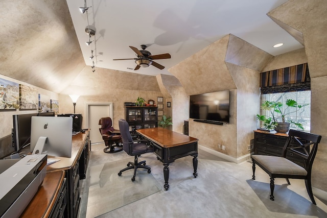 office with ceiling fan and lofted ceiling