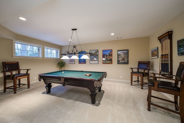 recreation room with light colored carpet and billiards