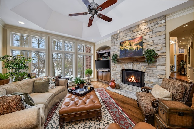 living room featuring built in shelves, plenty of natural light, a tray ceiling, and wood-type flooring