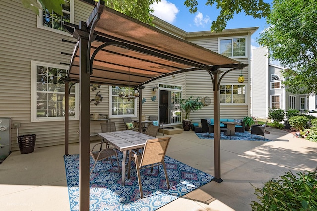 view of patio / terrace with outdoor lounge area and a pergola