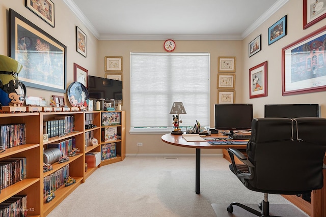 carpeted office with crown molding