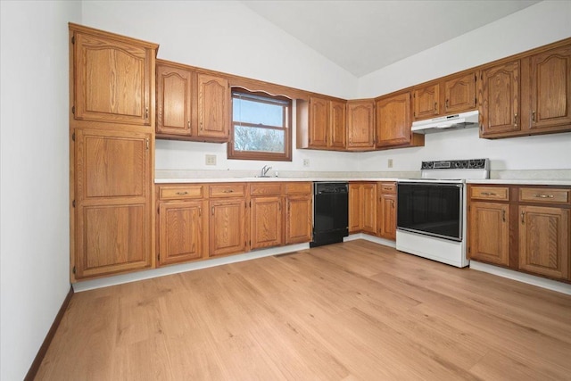 kitchen with vaulted ceiling, electric range, light wood-type flooring, black dishwasher, and sink