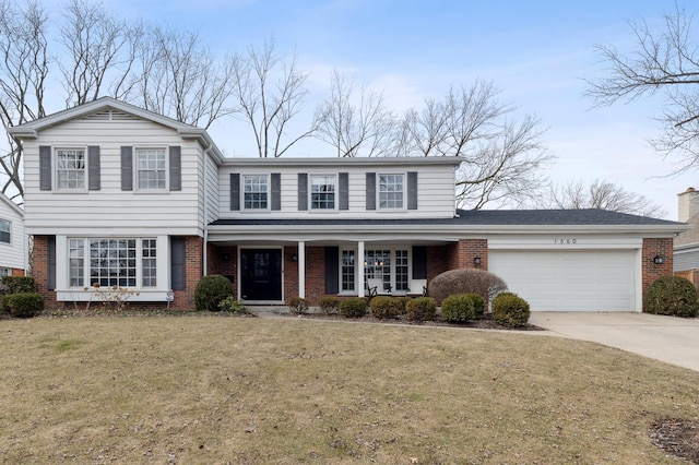 front facade featuring a garage, a porch, and a front lawn