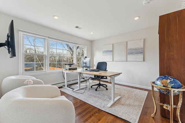 home office featuring dark hardwood / wood-style floors