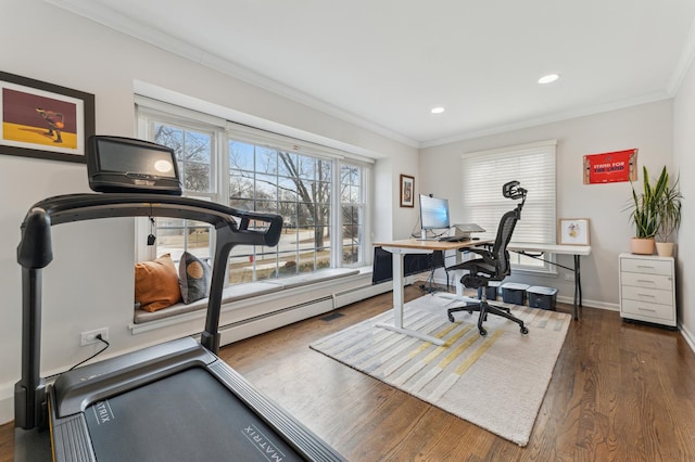 office space with ornamental molding and dark hardwood / wood-style floors