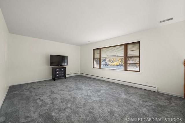 unfurnished living room with dark colored carpet and a baseboard radiator