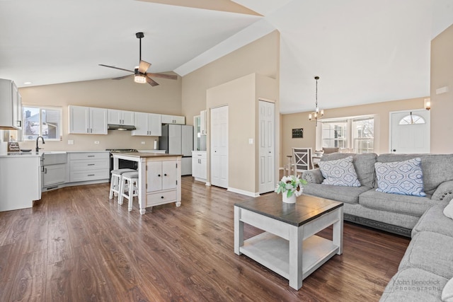 living room with ceiling fan with notable chandelier, sink, a wealth of natural light, and dark hardwood / wood-style flooring