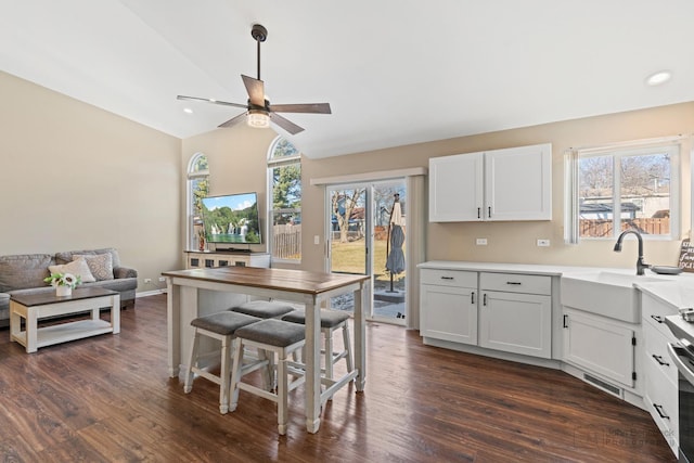 kitchen with white cabinets, vaulted ceiling, and dark hardwood / wood-style flooring