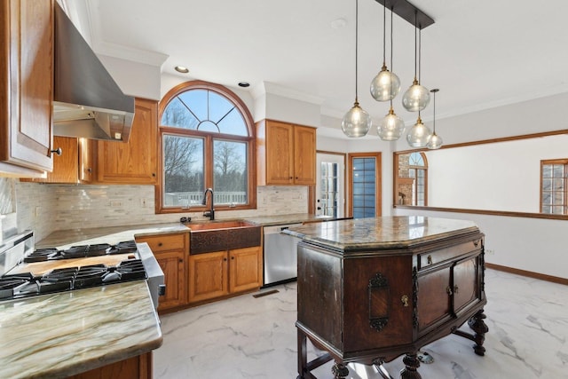 kitchen featuring extractor fan, stainless steel dishwasher, a center island, and tasteful backsplash