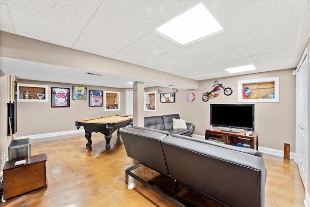 living room with a paneled ceiling and billiards