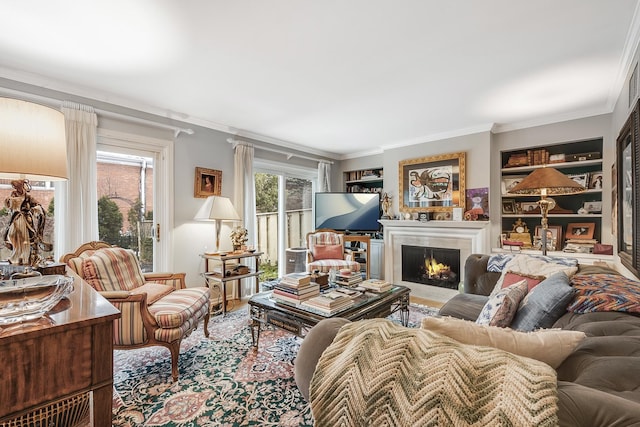 living room with ornamental molding