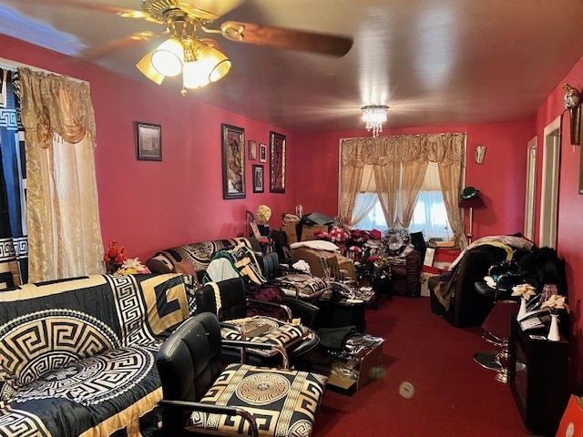 interior space featuring ceiling fan