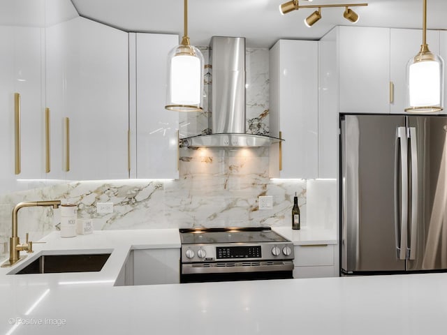 kitchen featuring white cabinetry, sink, exhaust hood, and appliances with stainless steel finishes