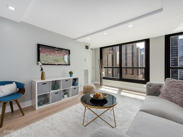 living room with light hardwood / wood-style flooring