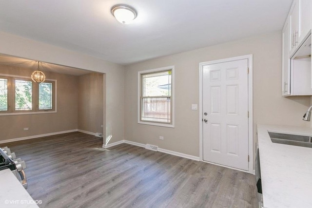 interior space featuring light hardwood / wood-style floors, an inviting chandelier, a wealth of natural light, and sink